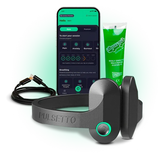 Pulsetto FIT device and everything included in the complete kit